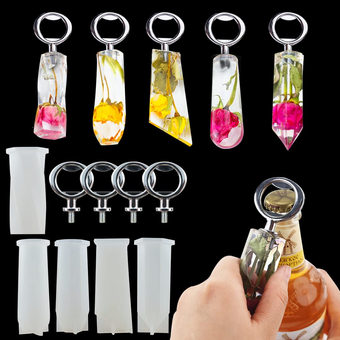 Voyyphixa 10 pcs Bottle Opener Silicone Molds for Resin Epoxy Molds Hexagon Resin Molds Silicone Kit Bundle for Beginners DIY Candle Pyramid Prism Crystal Art Ornament (Bottle Opener)