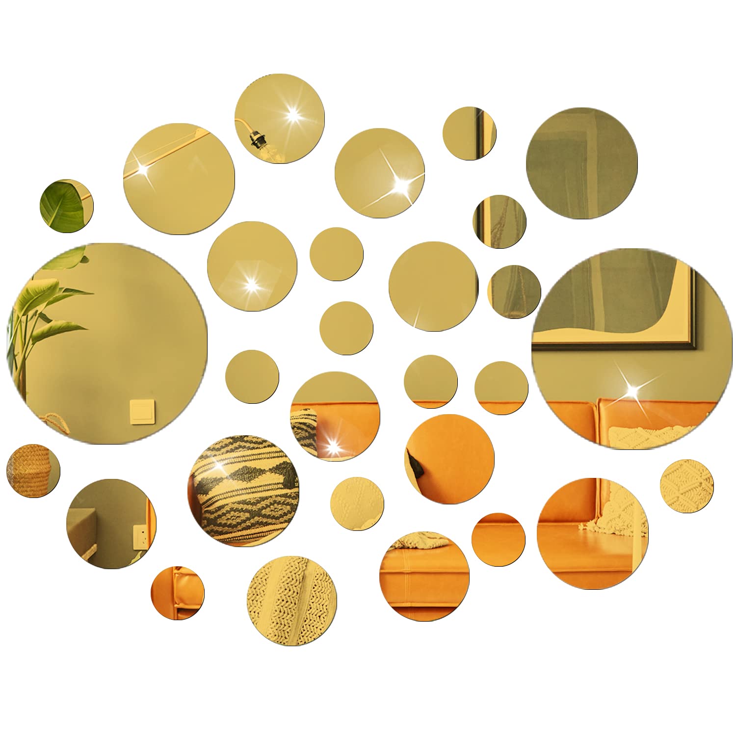NAILDOKI DIY Wall Decals Acrylic Mirror Sticker Set 60 Pcs, Circle Mirror Wall Stickers for Living Room Bedroom Decor (Gold)