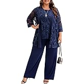 Plus Size 3 Piece Floral Embroidered Pantsuit Set Women Mother of Bride Wedding Guest Formal Evening Cocktail Party Attire