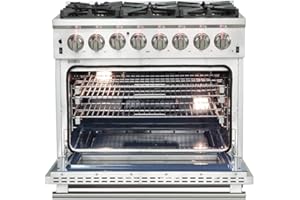 FORNO Capriasca Dual Fuel 36" Inch. Freestanding Range 6 Sealed Brass Burners Cooktop and 5.36 Cu. Ft. Electric Convection Oven - Stainless Steel Stove Range Heavy Duty Cast Iron Grates