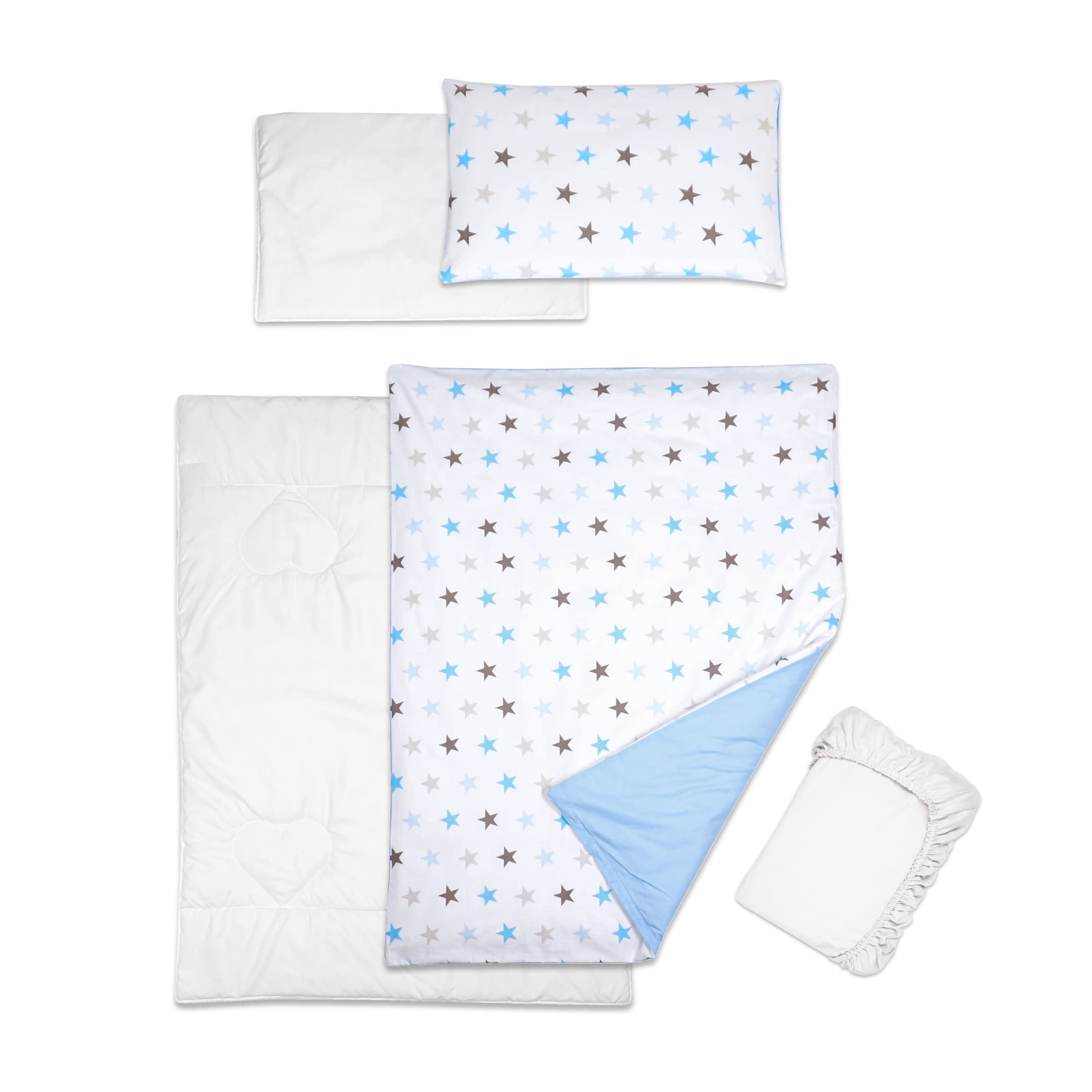 Baby Comfort 5 Piece Toddler Bedding Duvet Pillow with Covers & Jersey Sheet fits 120x60cm Cot Bed 12M+ (Stars Blue)