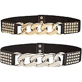 GK-O Women Ladies Hot Elastic Gold & Silver Metal Chain Buckle Studded High Waist Belt 2 Pack – Fashion Wide Stretch Cinch Waistband