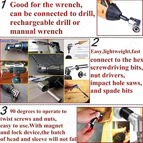 105° Right Angle Drill Attachment Bit Extension 1/4-inch Hex Drive Drill Bit Power Socket Screwdriver Set Holder Adaptor+3Pcs 1/4" 3/8" 1/2"Hex Shank Impact Grade Driver Socket Adapter Drill Bit Set