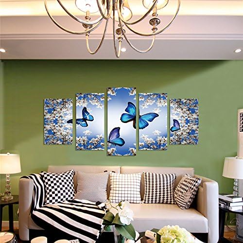GEVES Blue Butterflies Flowers Wall Art Paintings for Living Room Bedroom Canvas Prints Framed Ready to Hang Home Decor