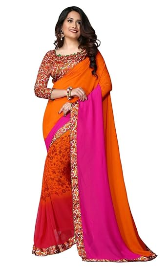 Womens Kanchipuram Georgette Saree With Blouse (vn18_Pink & Orange)