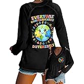 Fiogomis Women's Autism Awareness Everyone Communicates Differently Printed V-Neck Long Sleeve Top