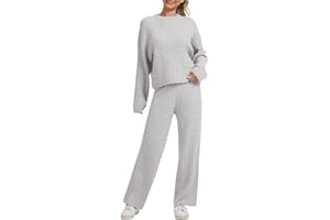 AnotherChill Women's Cable Knit Sweater Lounge Set – Long Sleeve Pullover Top with Wide Leg Pants, 2 Piece Cozy Outfit