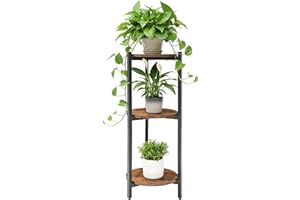 ZBBCTUS Plant Stand Indoor, Corner 3 Tier Tall Plant Stand Shelf with Brown Round Wooden Shelves, Heavy Duty Metal Frame Plan