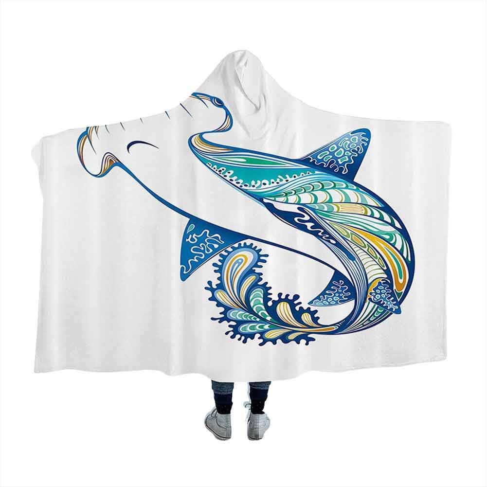 Wearable Sleeping Blankets Abstract Home Decor,Hammer Head Shark Ornate Underwater Sea Ocean Life Animals Marine Theme Image,Blue Aqua White For Bed Couch Sofa Lightweight Travelling Camping Throw for