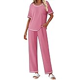 Ekouaer Cotton Pajamas Sets for Women Soft Contrast Piping Lounge Set 2 Piece Short Sleeve Pj Set with Pockets