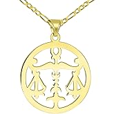 Solid 14k Yellow Gold Round Libra Zodiac Sign Scale Disc Pendant with Figaro Chain Necklace