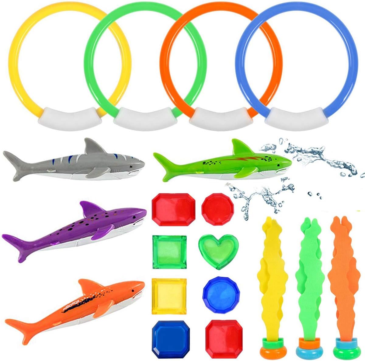 Amarko Diving Toys with Underwater Swimming/Diving Pool Toy Rings Toypedo Bandits Pirate Treasures and Stringy Octopus Water Dive Throw Toy Set, 19 Pack