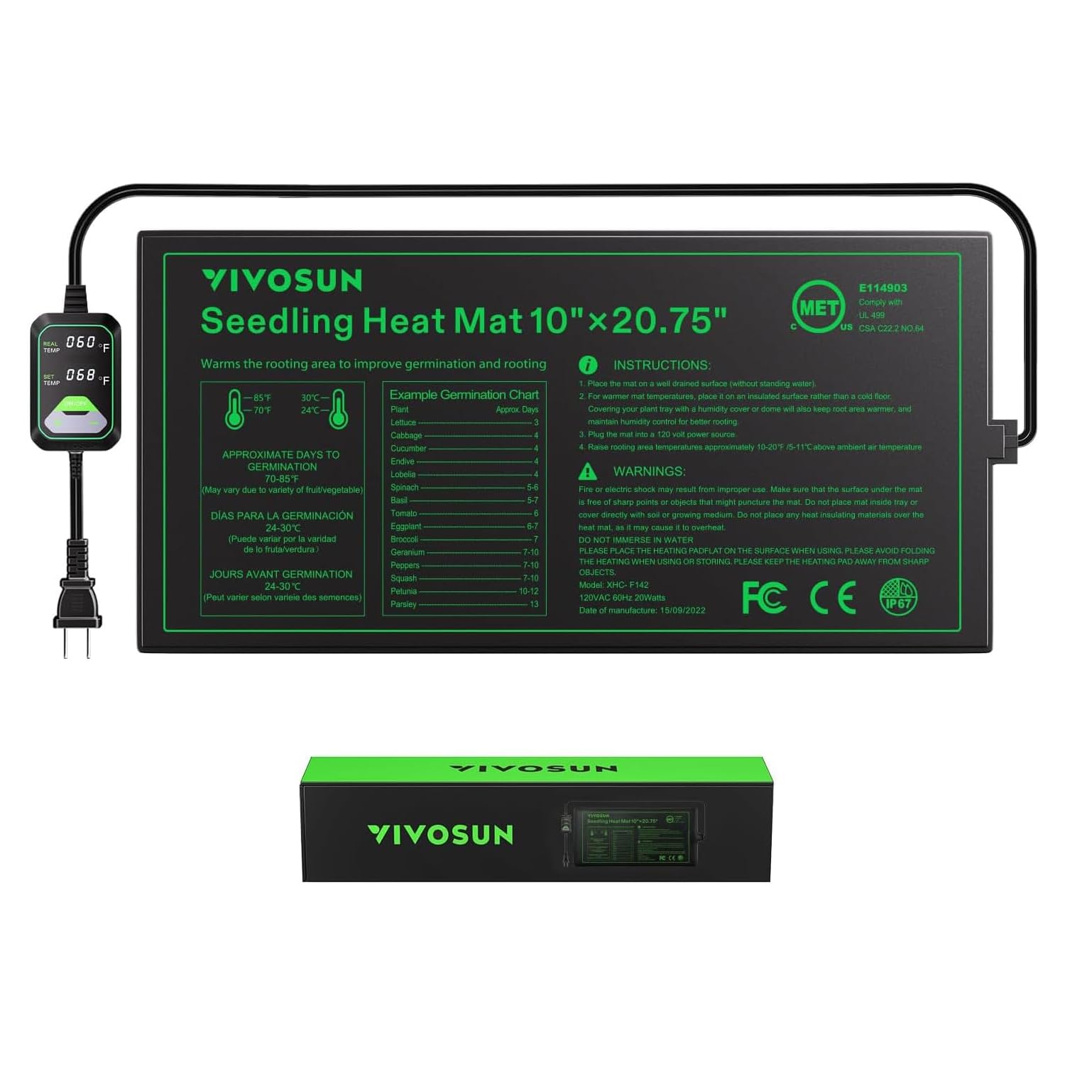 Photo 1 of ***CORRECT ITEM****VIVOSUN 10"x20.75" Seedling Heat Mat with Built-in Temperature Controller, UL & MET-Certified Waterproof Plant Heating Pad for Germination, Hydroponics, Brewing, Breeding, and Greenhouses