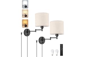 GOODATE Plug in Wall Sconces with Remote Control, Dimming 10%-100% & Adjustable Colors 2700K-6500K, Hardwire or Plug-in, Swing Arm Wall Lamp with Linen Fabric Shade, Wall Sconces Set of Two, Black Finish