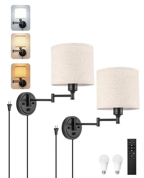 PLUG IN WALL SCONCES WITH REMOTE CONTROL, DIMMING 10%-100% & ADJUSTABLE COLORS 2700K-6500K, HARDWIRE OR PLUG-IN, SWING ARM WALL LAMP WITH LINEN FABRIC SHADE, WALL SCONCES SET OF TWO, BLACK FINISH