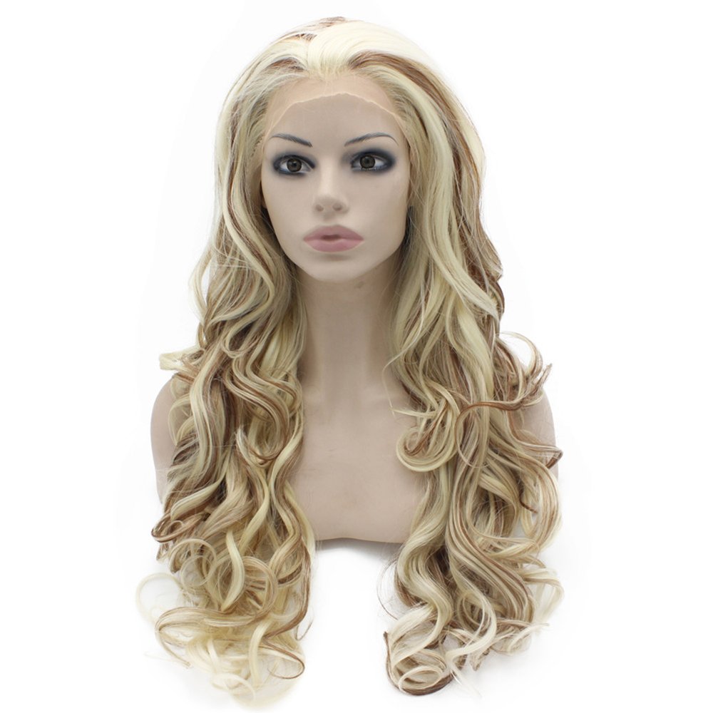 Long Wavy Blonde Auburn Mix Two Tone Synthetic Lace Front Wig Natural