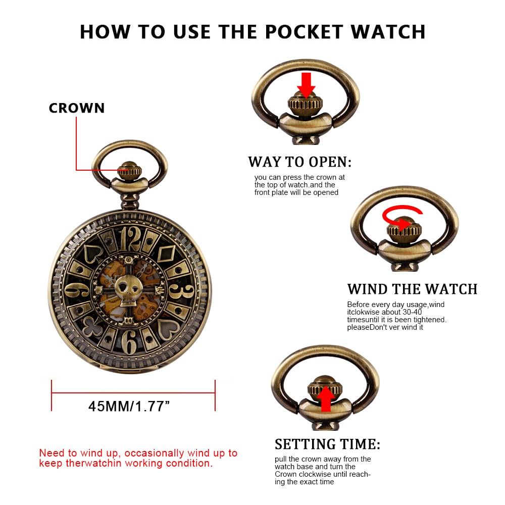 Men's Mechanical Holoow Design Hand Wind Pocket Watch Roman Numerals Steampunk with Chain Box