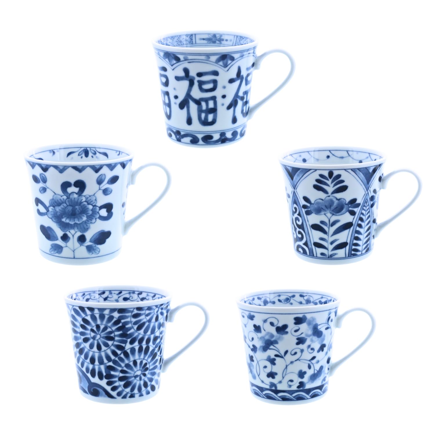 Photo 1 of Japanese Tea Cups Set of 5, 10 oz Porcelain Mugs with Handle – Blue Pattern Japanese Style Tea Cup/Mug for Coffee, Tea, Soup – Dishwasher & Microwave Safe, Made in Japan