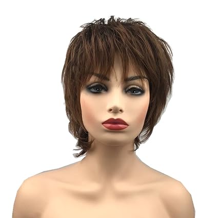 Natural Short Brown Wig Silky Waves Wispy Bangs Short Curly Shag