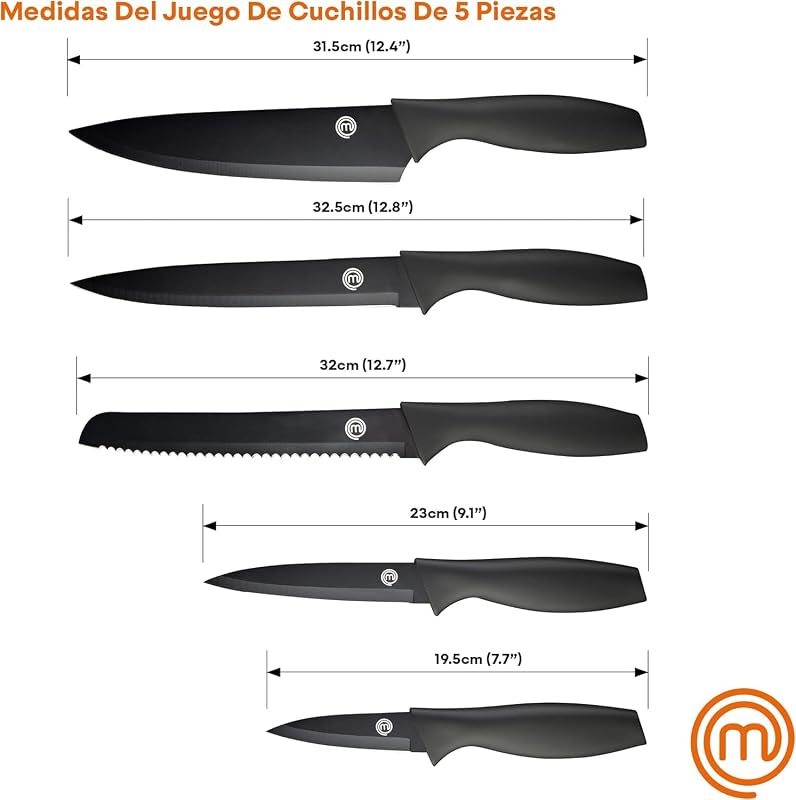 Facas de cozinha masterchef, conjunto de facas de cozinha, conjunto de facas de chef (carne, serra para pão, legumes e peixe), aço inoxidável, cabos de toque suave, multifuncional, 5 peças, preto