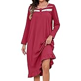 Bloggerlove Womens 100% Cotton Nightgown Long Sleeve House Dress with Pockets Sleep Dress S-3XL