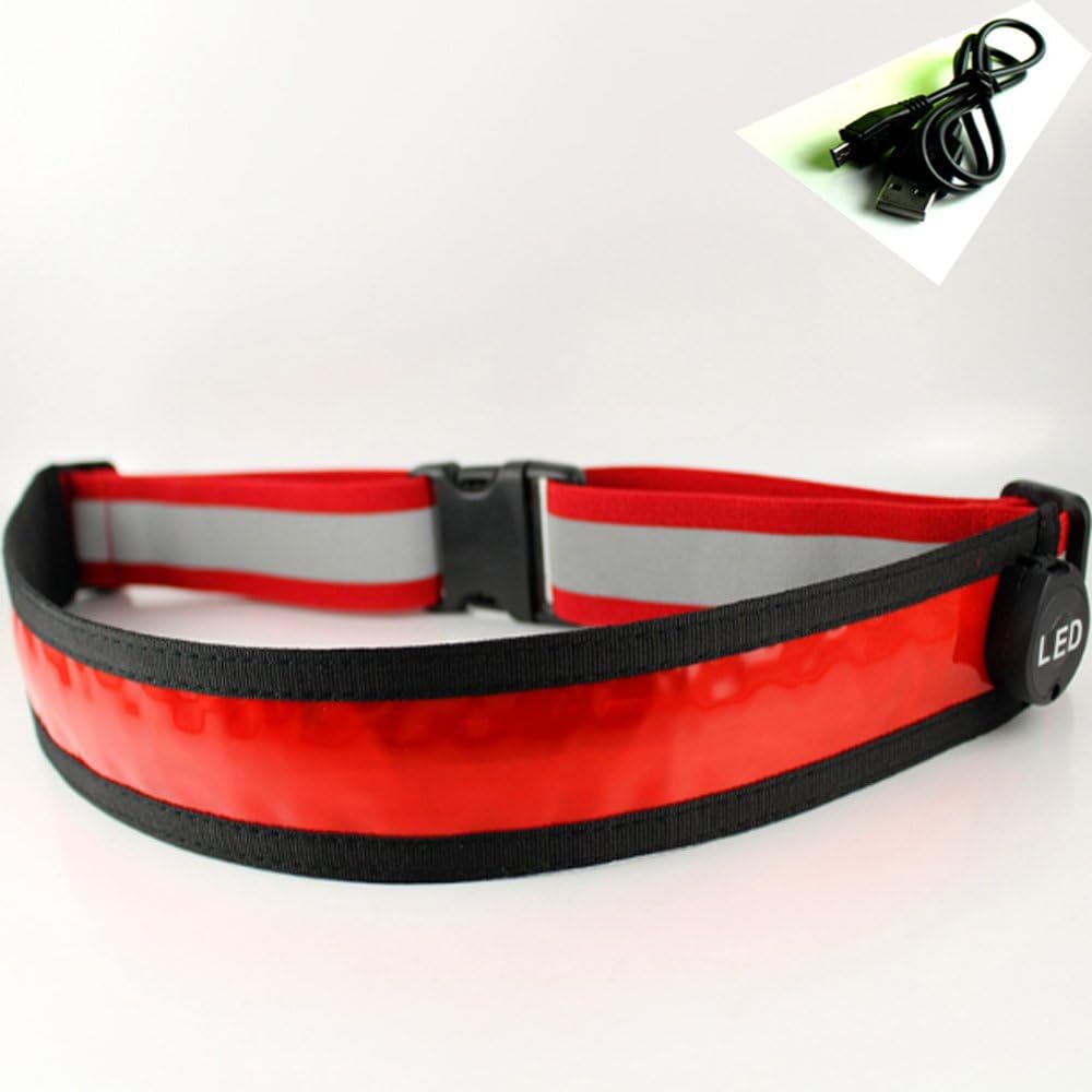 NovoSports(TM) USB Rechargeable LED ReflectiveIlluminating Safety Waist Belt Super Bright and 360 Degree High Visibility Safety Gear for Running, Jogging, Hiking & Cycling, Fully Adjustable, Comfortable and Lightweight Fits Women , Men & Kids (Red)