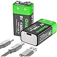 Quzmo 2-Pack Rechargeable 9 Volt Lithium-ion Batteries, 1300mAh Long Lasting Power, USB-C Recharge with 2 in 1 Charging Cable for Smoke Alarms,Multimeters,Microphones,Walkie-Talkie,Toys