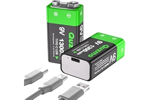 2-Pack Rechargeable 9 Volt Lithium-ion Batteries, 1300mAh Long Lasting Power, USB-C Recharge with 2 in 1 Charging Cable for S
