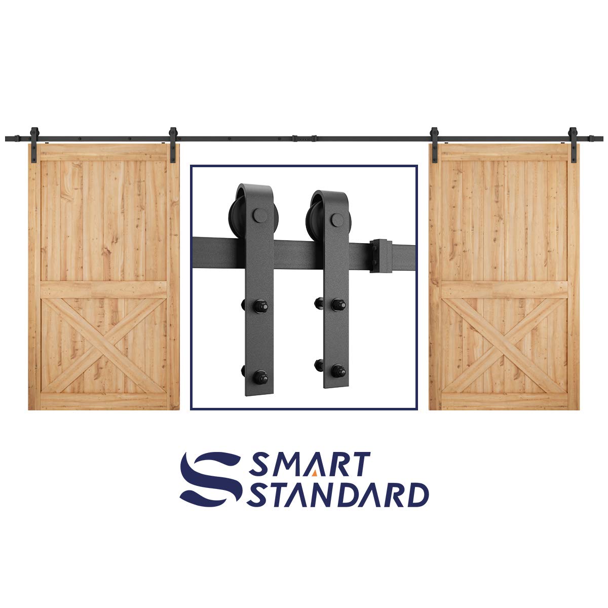SMARTSTANDARD Heavy Duty 16FT Double Gate Sliding Barn Door Hardware Kit, Black, 16' Two Track Rail, Super Smoothly and Quietly, Easy to Install, Fit 48" Wide DoorPanel(J Shape Hangers)