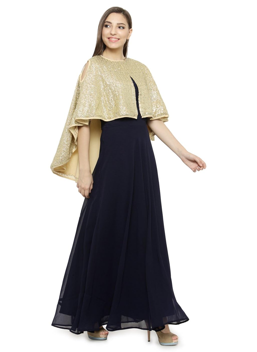 just wow navy blue & golden poly georgette women's dress