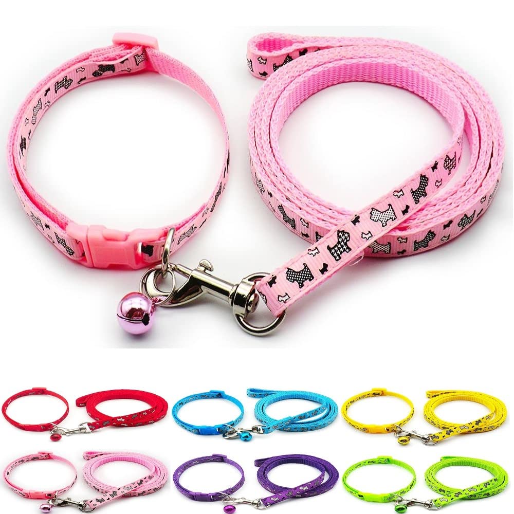 Small Dog Puppy Pet Collar and Lead Set Scotty Dogprint Design Nylon Adjustable Size 19-32cm Collar with Bell and 120cm Leash Pink