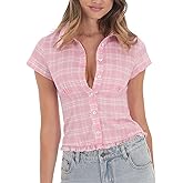 Women Y2k Striped/Plaid Button Down Shirt Collar Neck Slim Fit Top Short Sleeve Ruffle Trim Cinched Waist Blouse