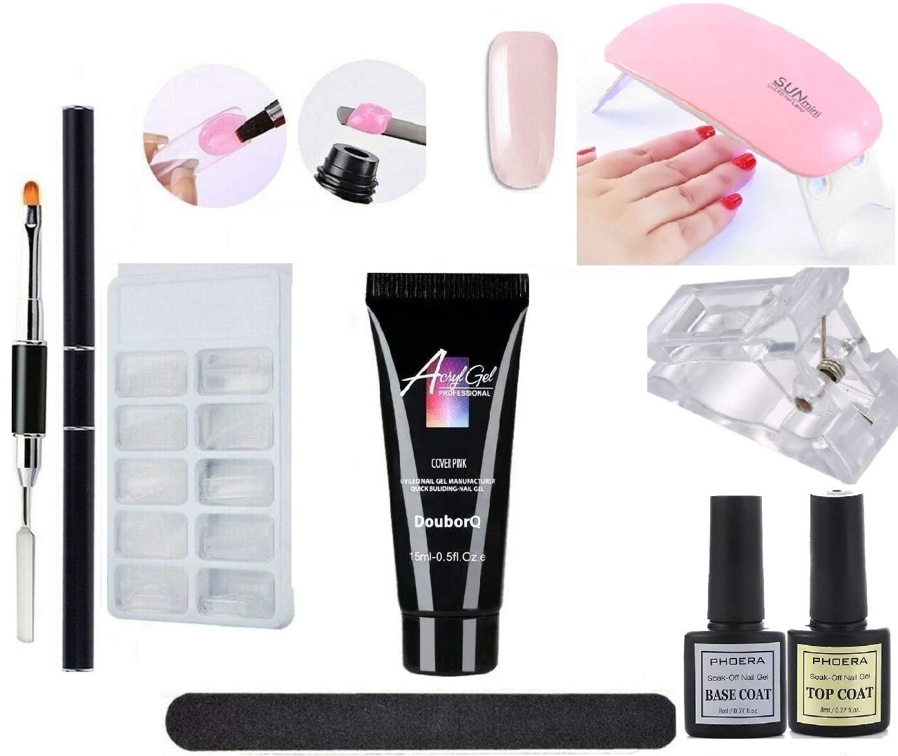 Poly Nail Gel Complete Kit Nail Builder Acryl Gel Nail Polish Polygel 15ml Nail Tips Extension Gel Style Mix UV/LED Lamp DIY Nail Art Lady Spatula Base Top Coat 10 Pcs Kit (003 CLEAR PINK)