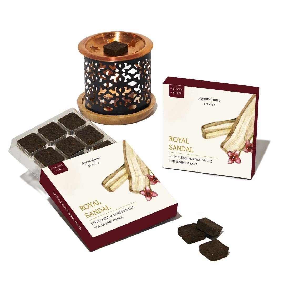 Royal Sandal Incense Brick Set (2 x 9) & Snowflake Exotic Burner by Aromafume | Made with Sandal Flower & Sandalwood | Ideal for Prayer and Rituals | Natural, Low Smoke, Non-toxic