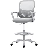 Sweetcrispy Tall Drafting Chair, High Office Desk Chair with Footrest | Comfy Lumbar Support, Counter Height Adjustable, Fixed Arms, 360&deg; Computer Rolling Stool, Grey