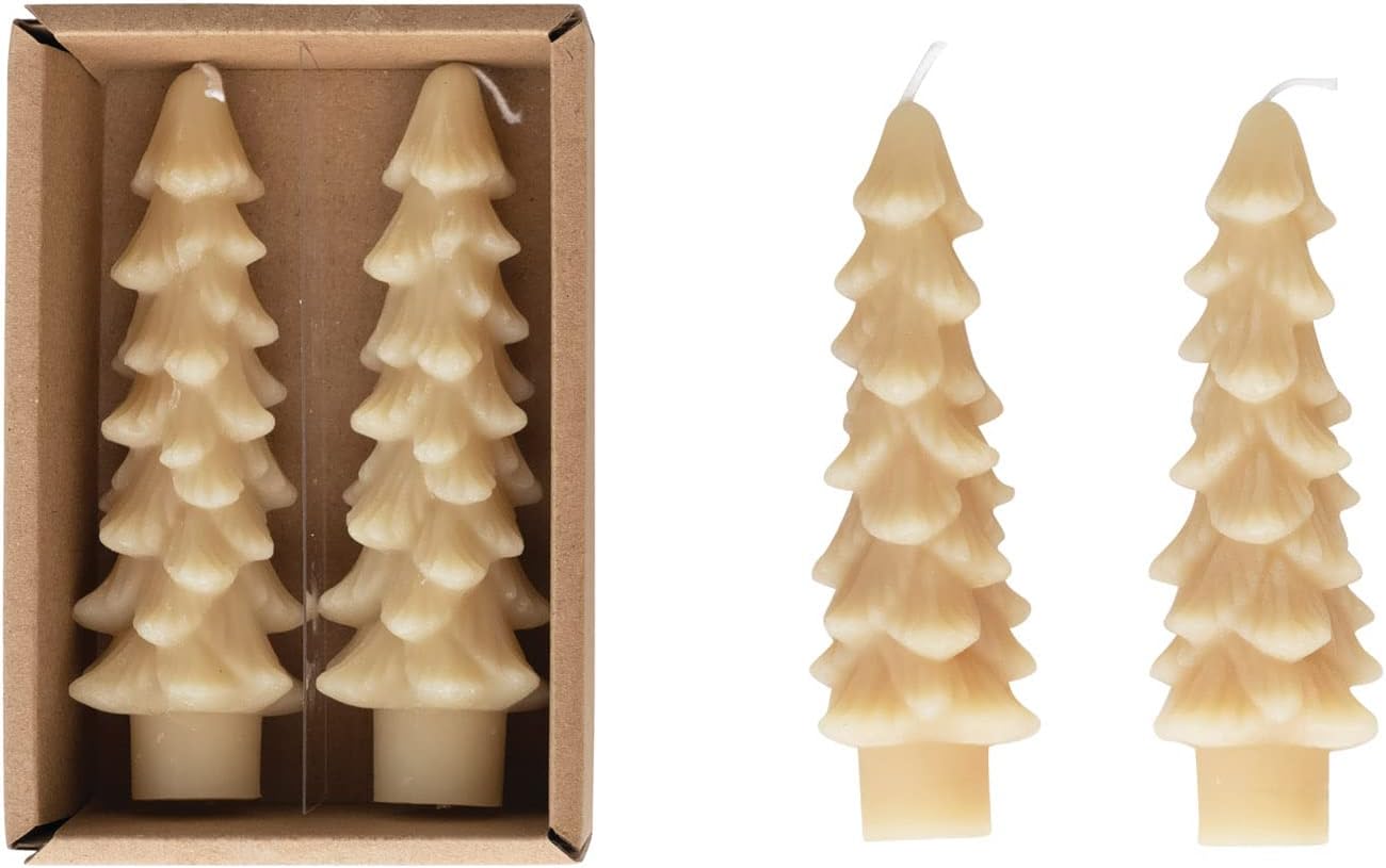 Candles & Holders - Creative Co-Op Unscented Tree Shaped Taper Candles, Eggnog, Boxed Set of 2