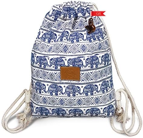 Thailand Elephant Print Drawstring Bag Medium Size 16 Inch (ฺNavy Blue)