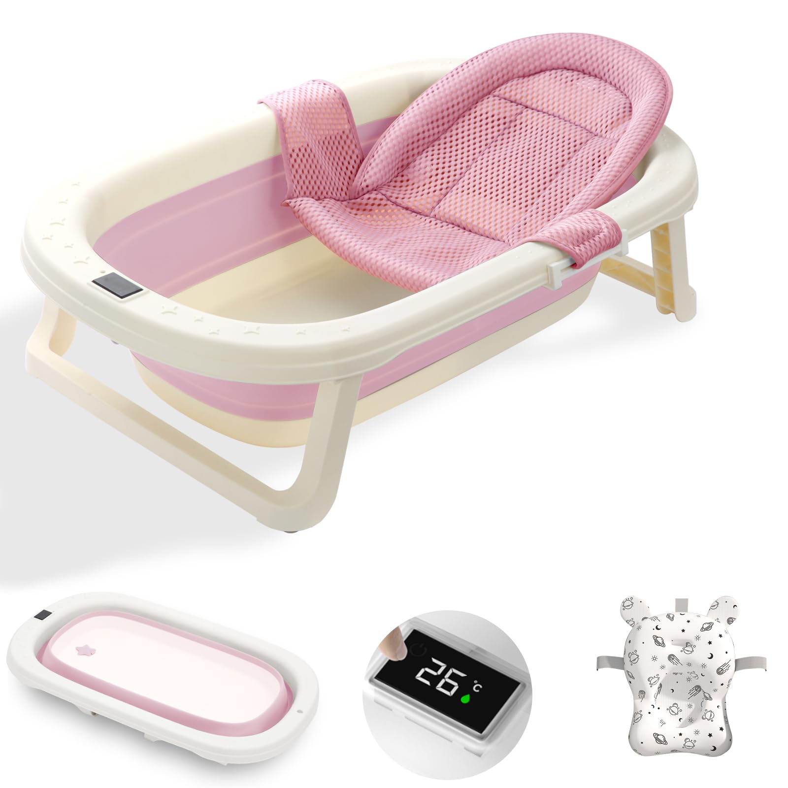 ベビーバス 折り畳み お風呂 ベビー 赤ちゃん 沐浴 湯温計 バスネット バスクッション付き 浴槽 収納しやすい バスタフ 出産祝い ギフト (ピンク)商品画像