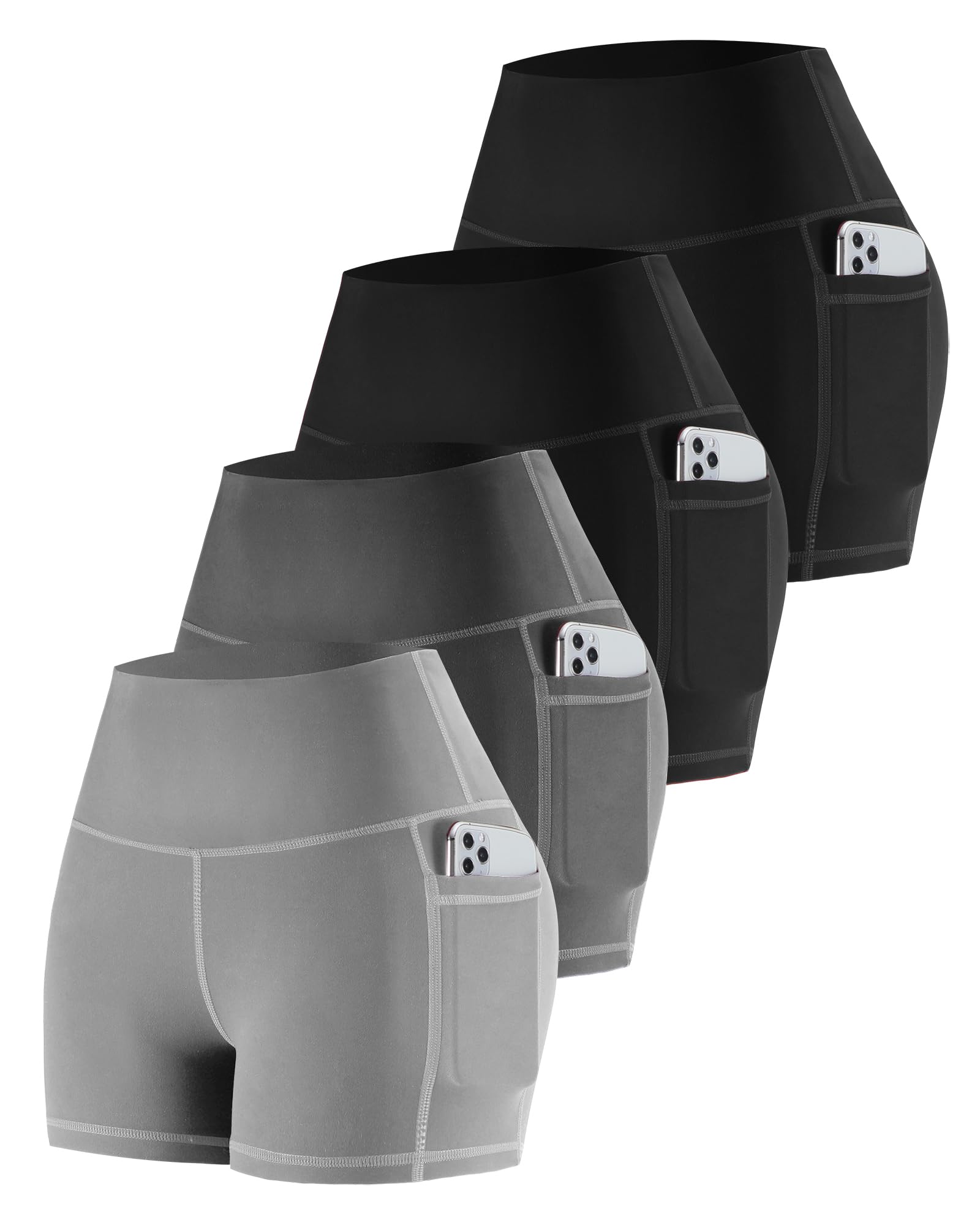 CHRLEISURE Womens Biker Yoga Shorts with Pockets: High Waisted Tummy Control Spandex Workout Athletic Gym Shorts 4 Packs(3'' 2Black,Dark Gray, LGray, 2XL) Image