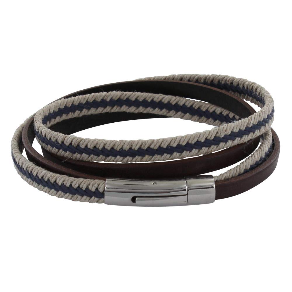 LES POULETTES BIJOUX - Men Bracelet Double Turn Dark Brown Leather Braid Flax Blue and Beige - taille 19 cm
