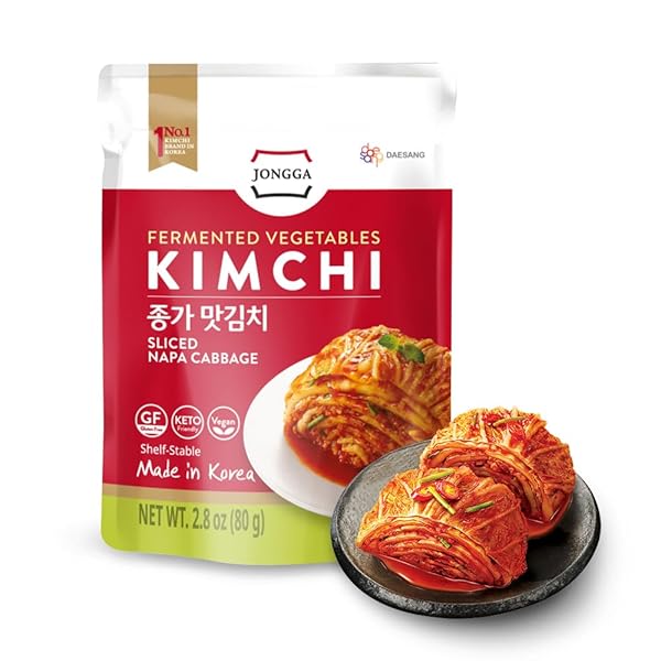 SPICY PREMIUM FERMENTED KIMCHI NAPA CABBAGE [ FUN SIZE POUCH PACK OF 8] – [ORIGINAL] – (GLUTEN FREE / KETO / VEGAN) | 0 FAT/ 0 SUGAR/ 0 CHOLESTEROL | LONG SHELF LIFE | PERFECT FOR RAMEN & STIR-FRIES – JONGGA
