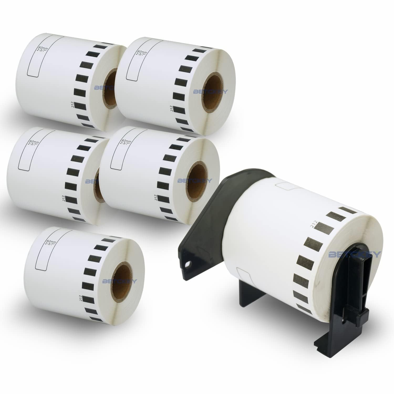 BETCKEY - 6 Rolls DK-22212 Labels with ONLY 1 Reusable Label Holders, 62mm x 15.24m, 6 Continuous Length Film Labels Using for Ql Label Printers