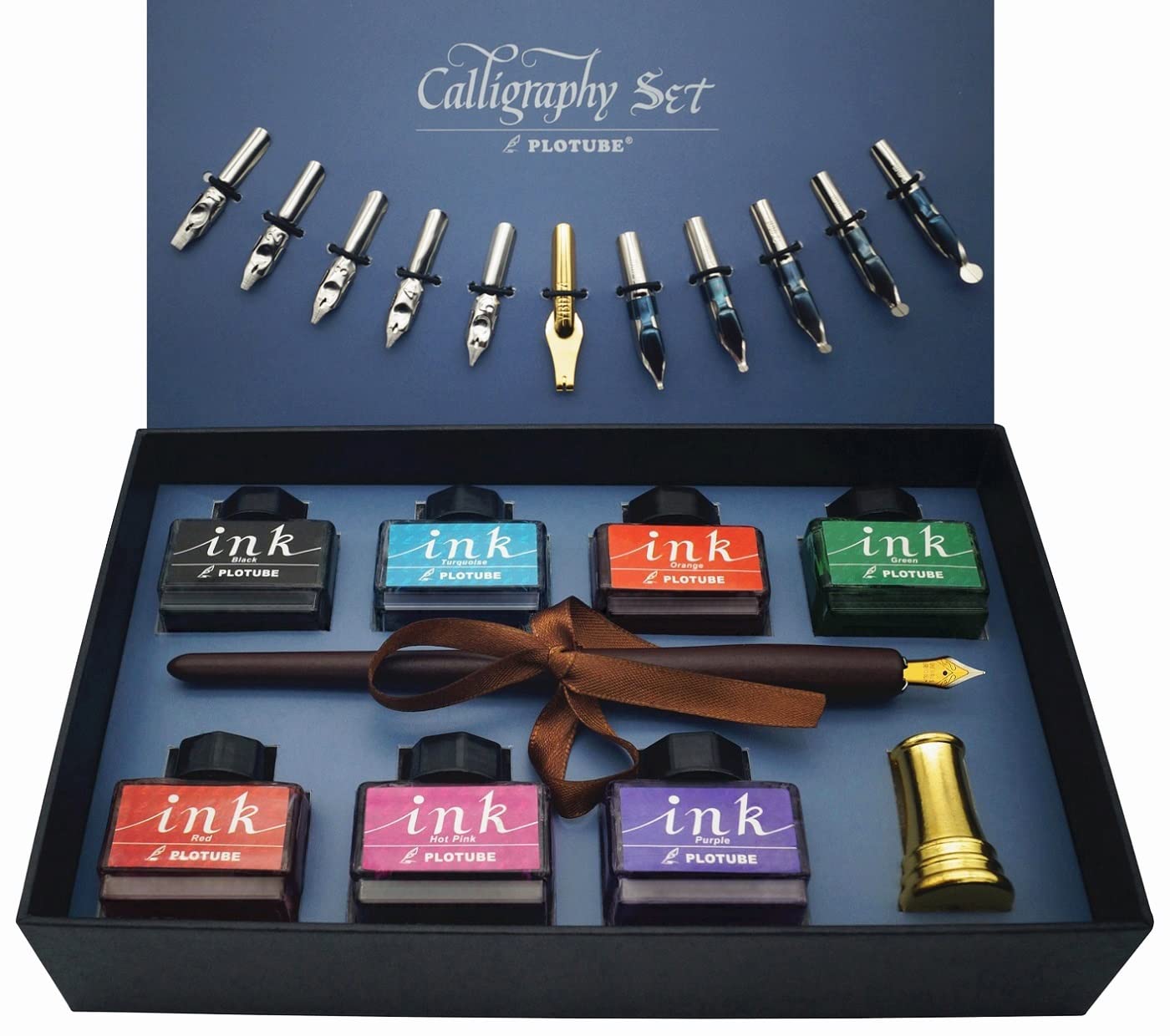 IDEAPOOL Calligraphy Pen Set, 22 pieces – Includes 7 Bottle Inks, 12 Nibs, Wood Dip Pen, Golden Pen Holder and Beginner Introduction Booklet