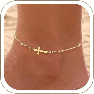 TOPERLADY Cross Ankle Bracelets for Women - 14K Gold/Silver Plated Bead Cross Anklets Adjustable Chain Cute Trendy Dainty Sum