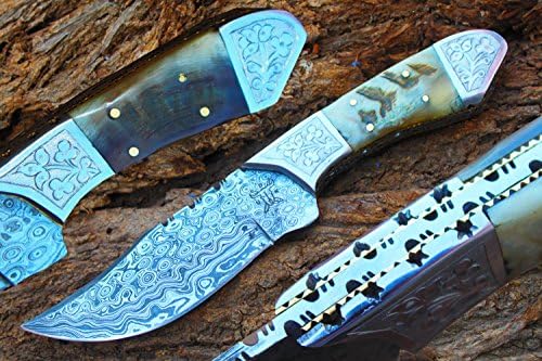 One of Kind Damascus Blade Handmade 5.0" Blade Hunting Knife w/Engraved Steel Bolsters, Ram Horn &amp; Sheath Cover UDK-FR-S-08