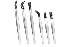 6pcs Rubber Tip Tweezers Set, Stainless Steel Long Precision Tweezers Anti-Static Fine Point Flat & Bent Tipped Tweezer for K