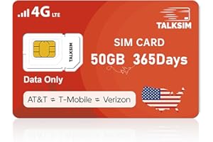 TALKSIM Data SIM Card 50GB 365Days Support Verizon, AT&T and T-Mobile, 4G LTE USA Data Only SIM Card Compatible with Unlocked Security Camera/Router/Mobile WiFi Hotspot/Tablet iot Devices