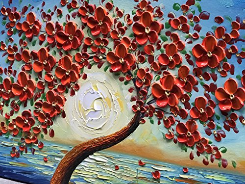 baccow - Seaview Modern Seascape Sunrise Hand Painted 3D Canvas Painting Artwork Red Texture Floral Trees Contemporary Wall Art Oil Painting on Canvas for Home Decorations Wall Decor 2448inch …