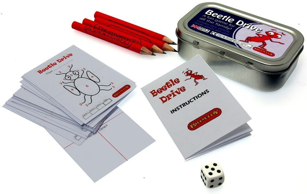Pocket/Travel version of Brimtoy Beetle drive game - fun for all the family - each tin includes Beetle pad, dice, pencil and instructions -be the winner by completing the Beetle 1st.