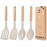 Pack of 4 Silicone Cooking Utensils Set, Non Stick Solid Spatulas and Heat Resistant Slotted Spoons with Wooden Handle, Ideal Wood Kitchen Utensils Set for Frying,Serving,Turning,Stirring (KHAKI)